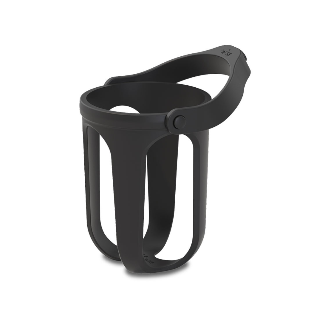 The Cup Holder For ByAcre Rollators is a black, open-frame accessory with a handle and hinged arm, designed to securely hold drinks on strollers, bikes, wheelchairs, or byACRE rollators.